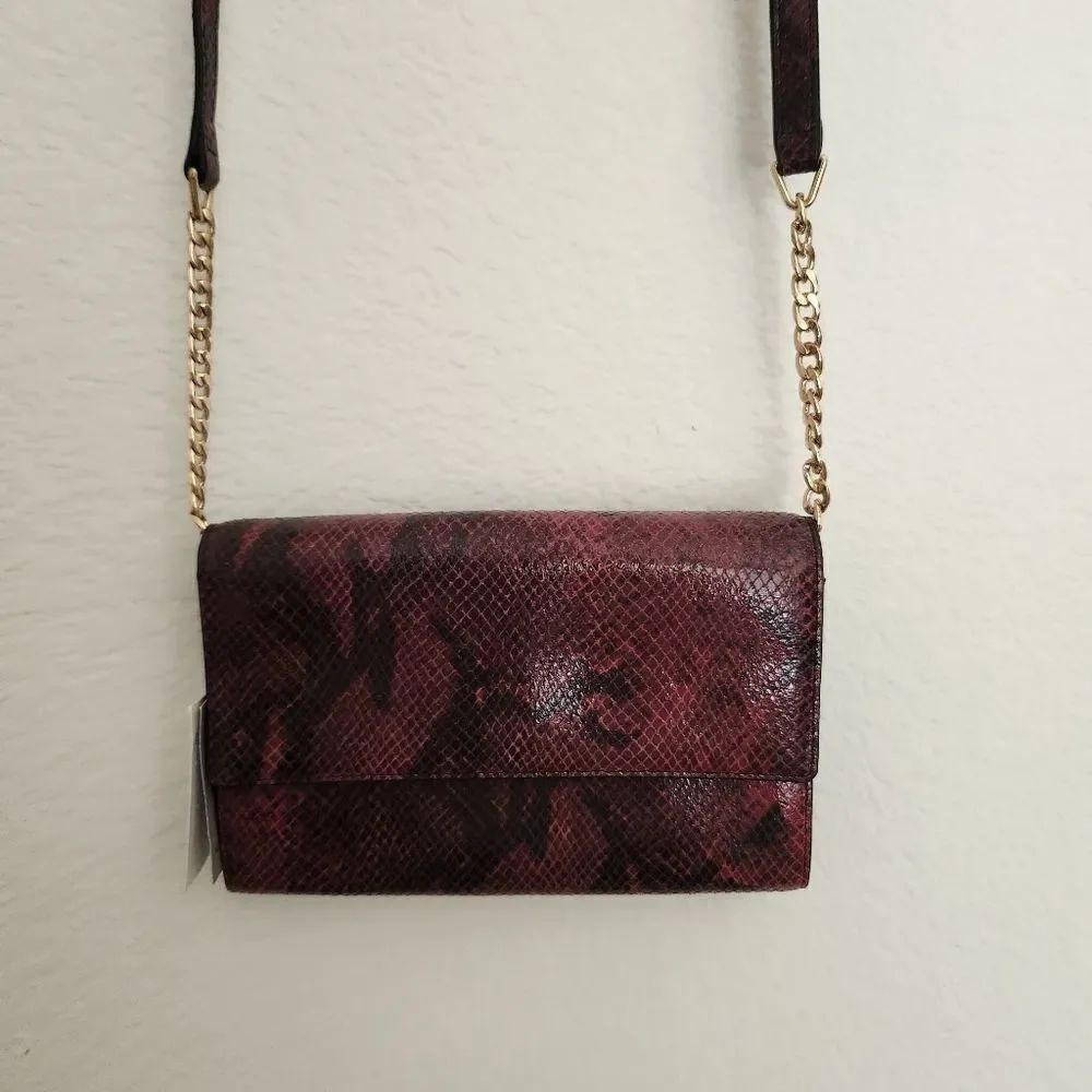 Nordstrom Burgundy Snake Print Shoulder - Crossbody Purse Gold Chain Accent NWT
